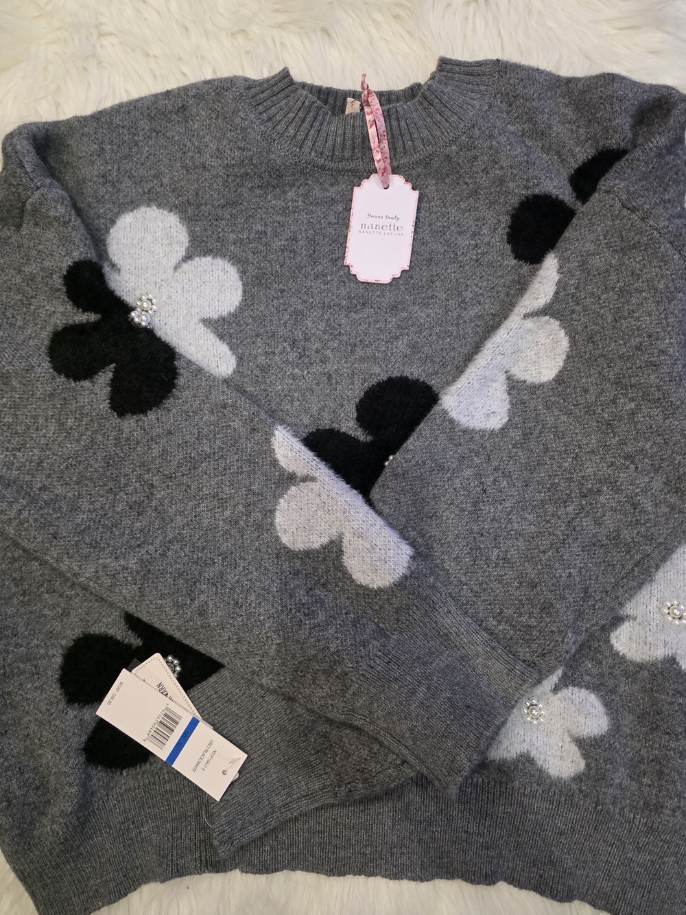 Nanette Lepore Floral Wool Sweater in Gray & Black Size XL NWT